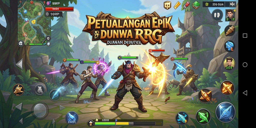 Tangkapan layar menampilkan pertempuran epik dalam game RPG 99RP.