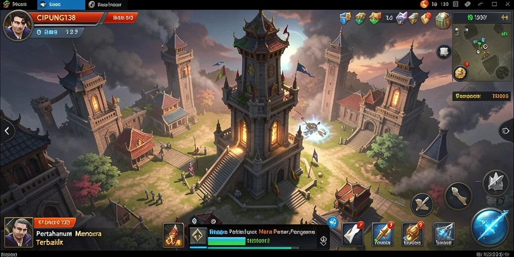 Tangkapan layar gameplay menampilkan menara pertahanan dalam aksi.