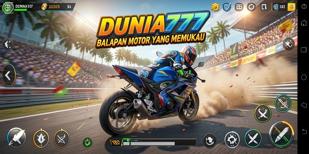 Tampilan gameplay seru di DUNIA777 dengan balapan motor yang mendebarkan.