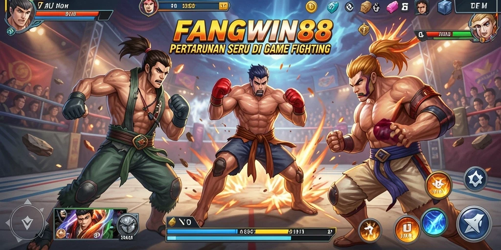 Screenshot utama FANGWIN88 menampilkan pertarungan karakter yang intens.