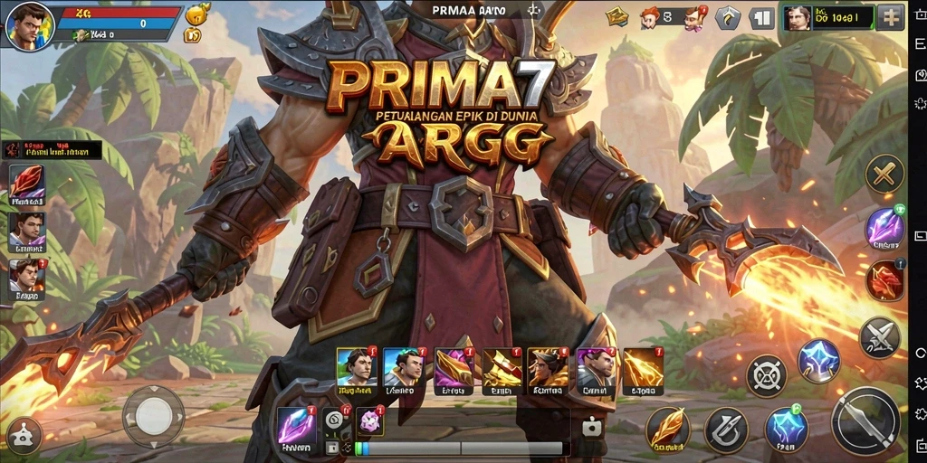 Screenshot utama PRIMA77 menampilkan pertempuran seru dan karakter khas.