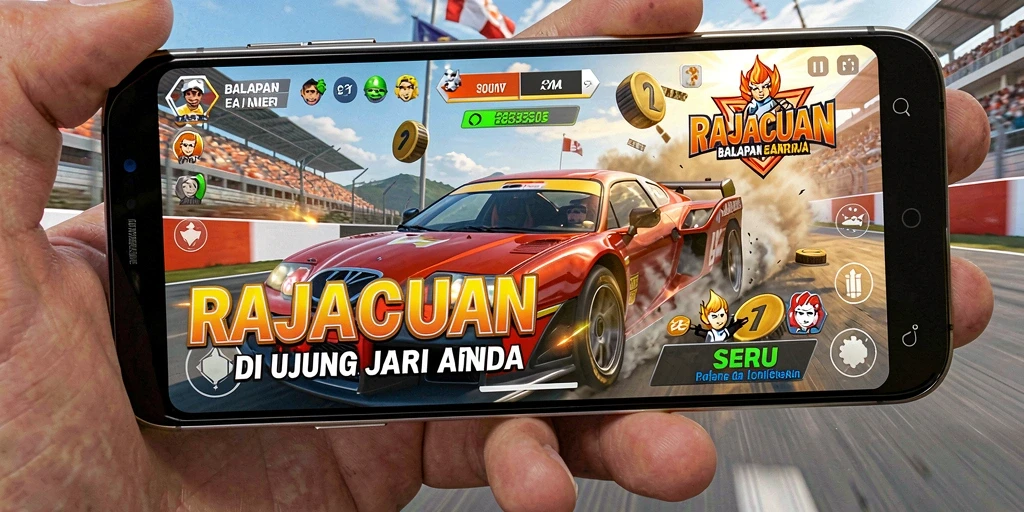 Screenshot utama RAJACUAN menampilkan aksi balapan penuh semangat.
