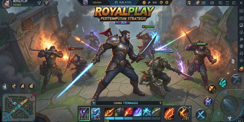 Screenshot utama ROYALPLAY menampilkan aksi pertempuran seru dalam game MOBA.