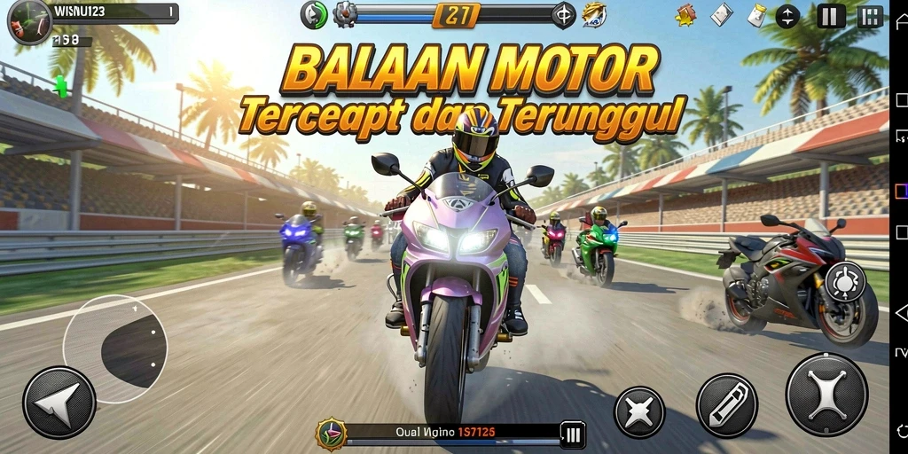 Screenshot menampilkan balapan motor yang menegangkan di lintasan.